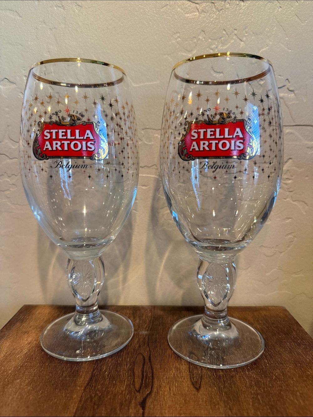 Stella Artois Gold Rim Beer Goblets - Set of 2, Clear/Red/Gold Never Used